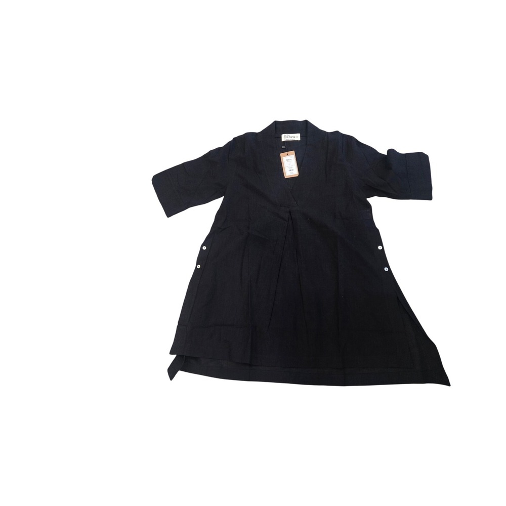 Rhea Verona Tunic Black Cotton Linen V-Neck Pleated Side Button Top S/M New